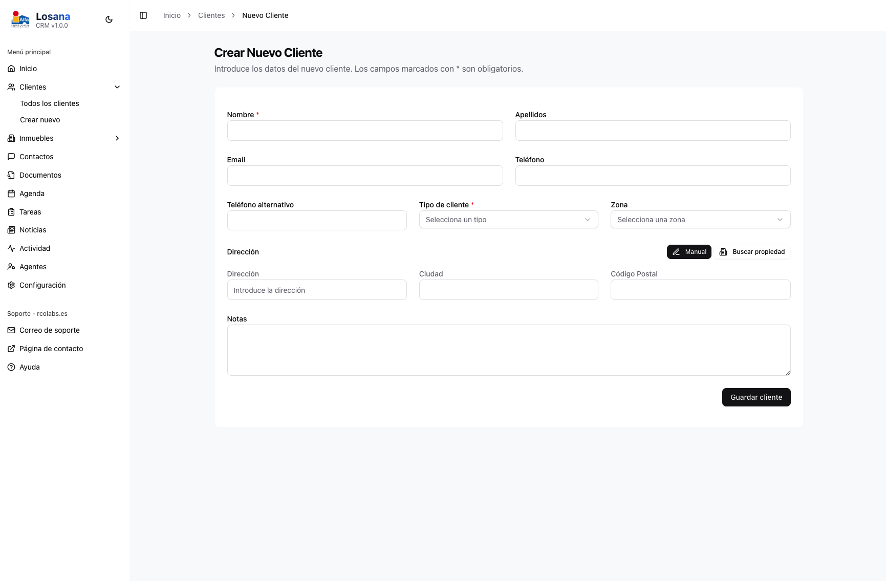 Formulario de creación de cliente